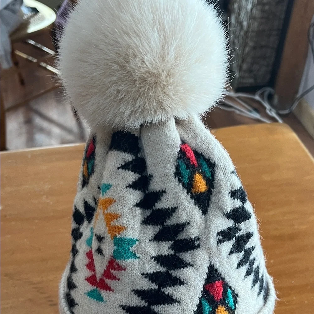 CC Boutique Aztec Print Knit Beanie with Pom Pom - Cream and Black